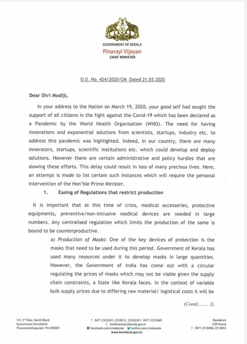 pinarayi vijayan letter