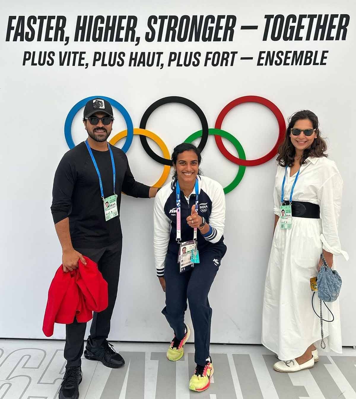 Celestial Encounter at the Paris Olympics 2024: Ram Charan​,Rhyme and PV Sindhus Joyous Meeting